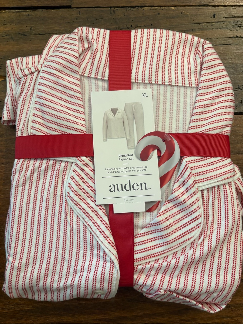 Auden Red & White Striped Cloud Knit Pajama Set with Candy-Cane Trim